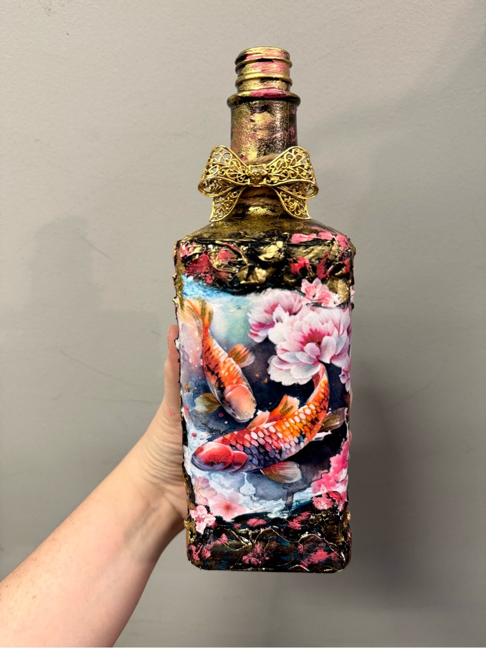 Koi Fish Glass Mixed Media Decorative Bottle Handmade Home Decor Size 3”x10”